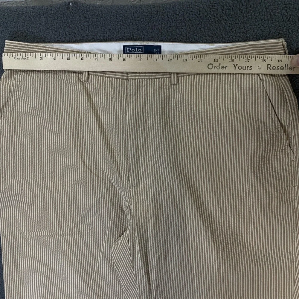 Polo Ralph Lauren Pants Mens 38x32 Beige Striped Seer Sucker Chino Dress Vintage
